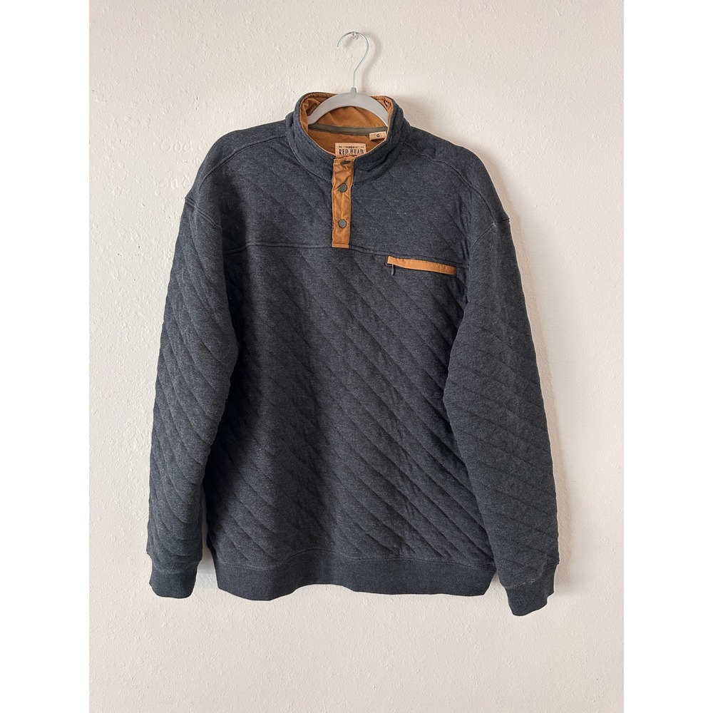 RedHead Sweatshirt Mens Large Gray Fleece Quilted Snap Pocket Mock Neck Pullover